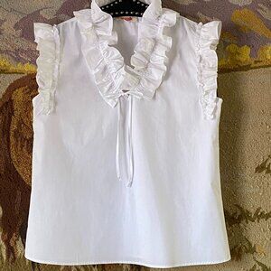 NEW Mazik Sz L White Blouse Flutter Sleeve Ruffle V-Neck Cotton